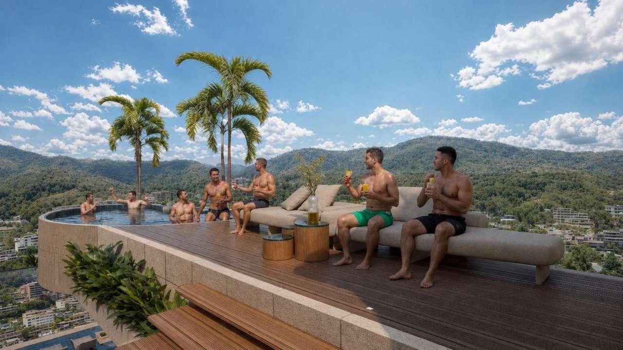 Residents enjoying the rooftop infinity pool