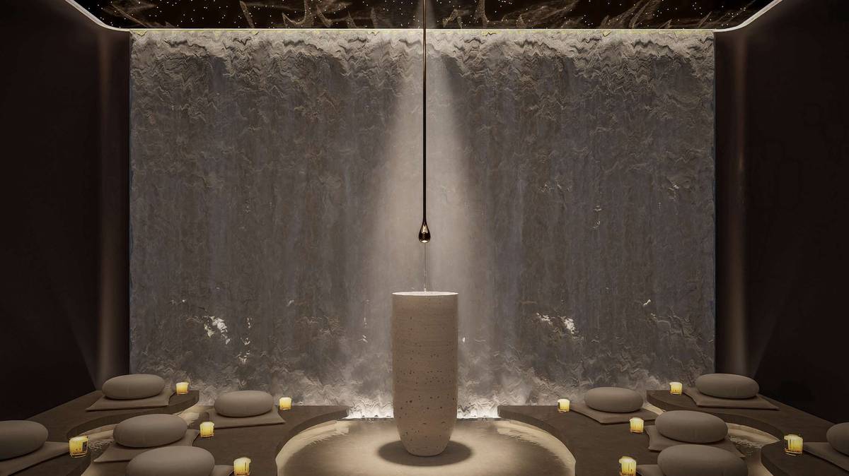 Meditation sanctuary with cascading water wall