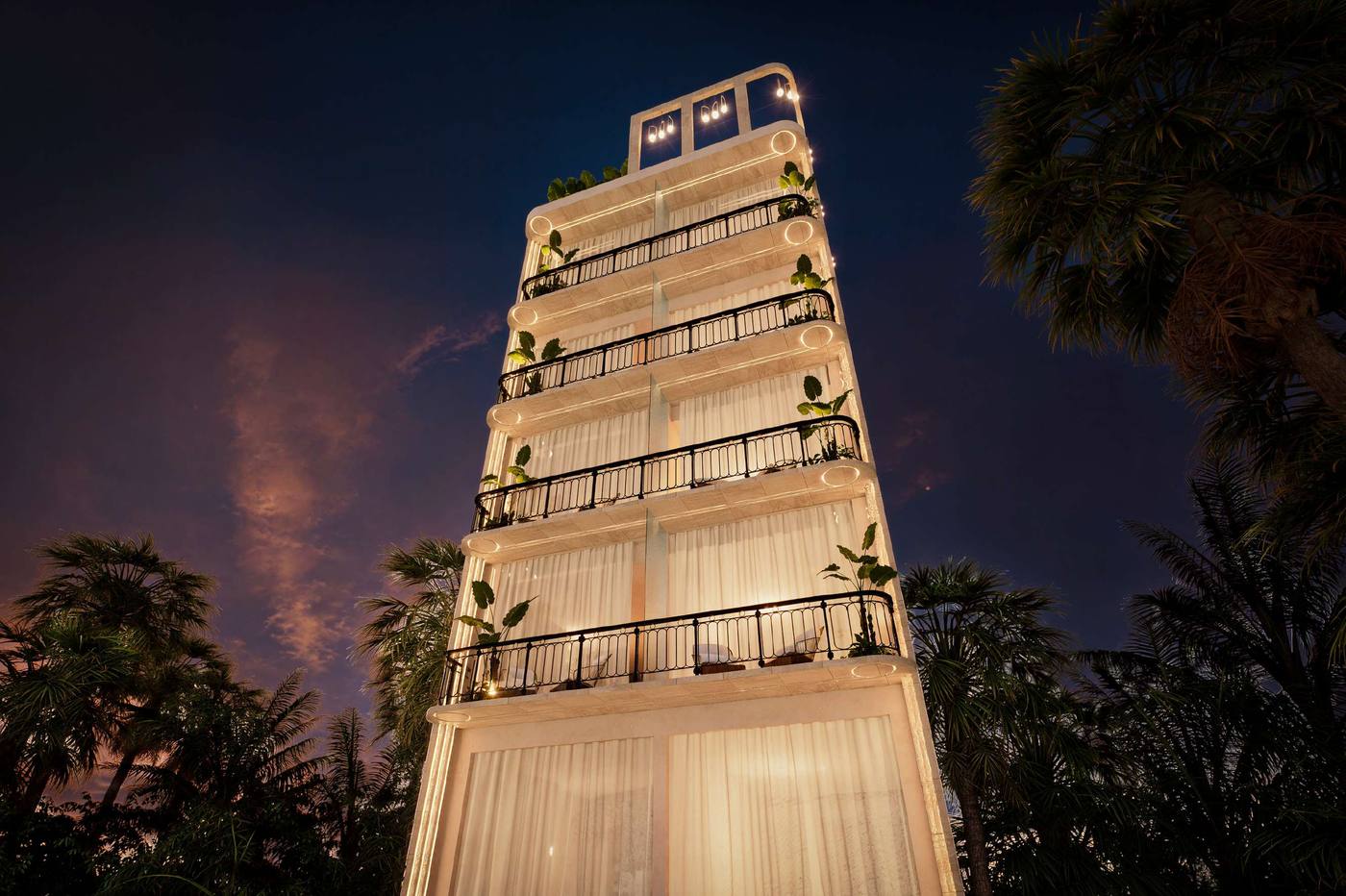 Praiá back façade illuminated at night