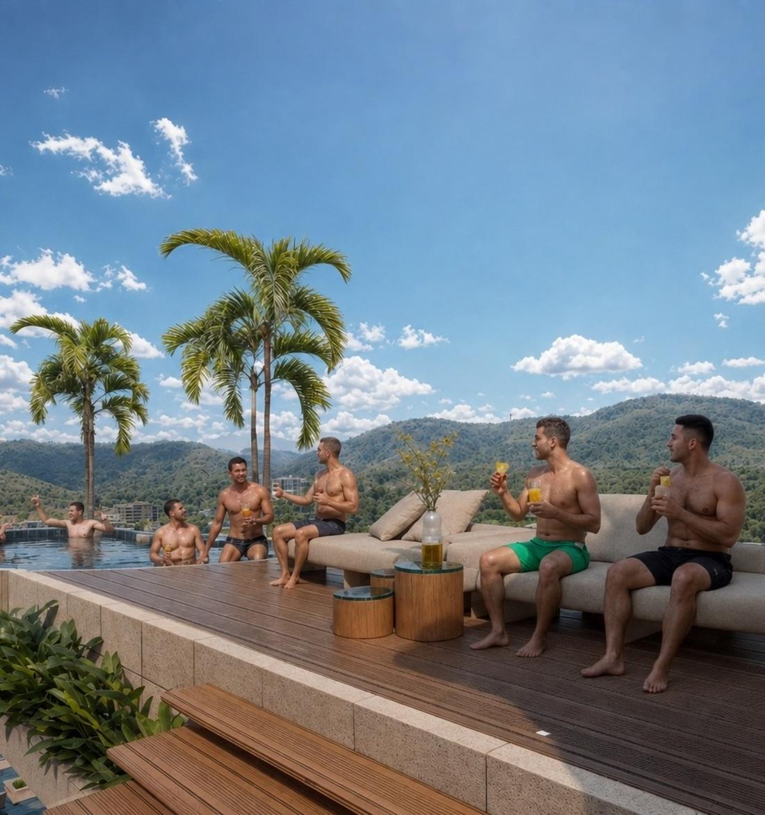 Friends enjoying the private jacuzzi terrace overlooking the hills