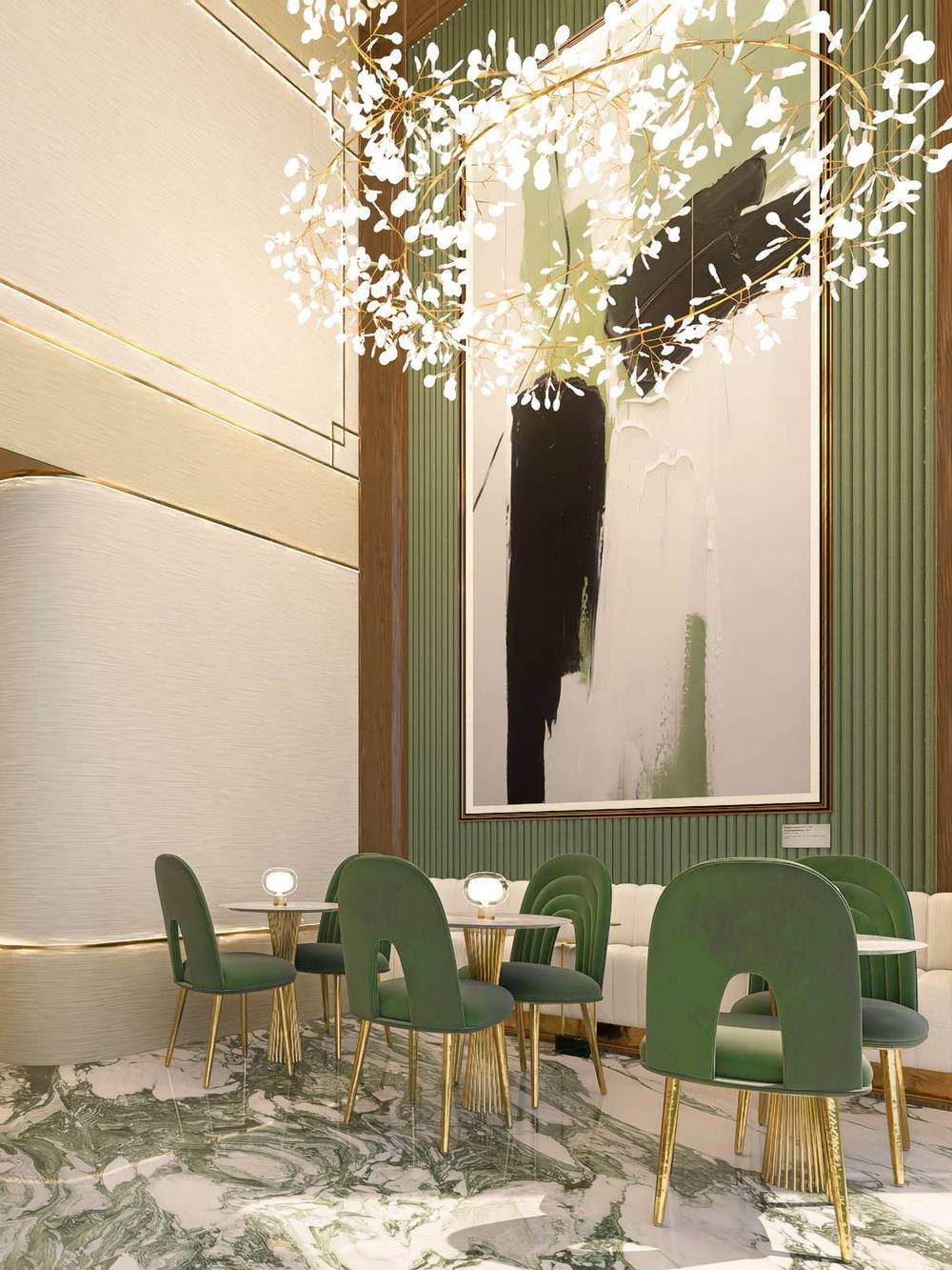 Private tasting room with green velvet armchairs